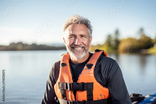 Portrait of a happy senior man wearing life jacket and looking at camera © Nerea
