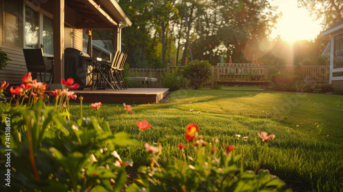 petit bosquet de fleurs dans un jardin d'une maison individuelle, en arrière plan pelouse, terrasse et barbecue photo