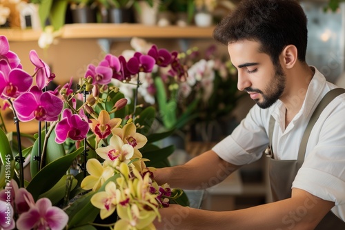 male florist arranging a batch of exotic orchids