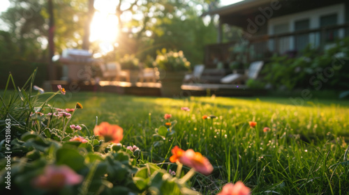 petit bosquet de fleurs dans un jardin d'une maison individuelle, en arrière plan pelouse, terrasse et barbecue