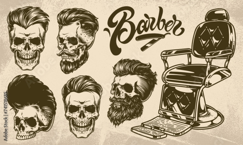 Barber shop set stickers monochrome