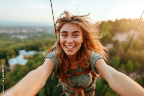 a young cheerful athletic woman engaging in extreme sports doing bunjee jumping or parachute skydiving in summer photo