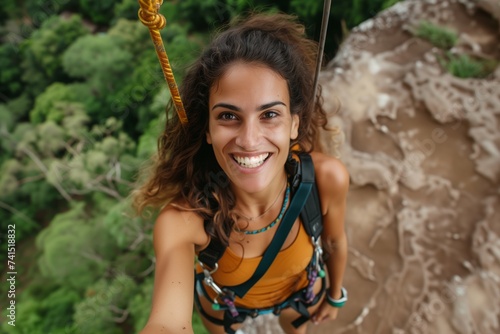 a young cheerful athletic woman engaging in extreme sports doing bunjee jumping or parachute skydiving in summer photo