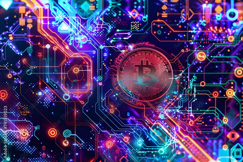 Abstract Digital Art of Bitcoin and Circuit Board