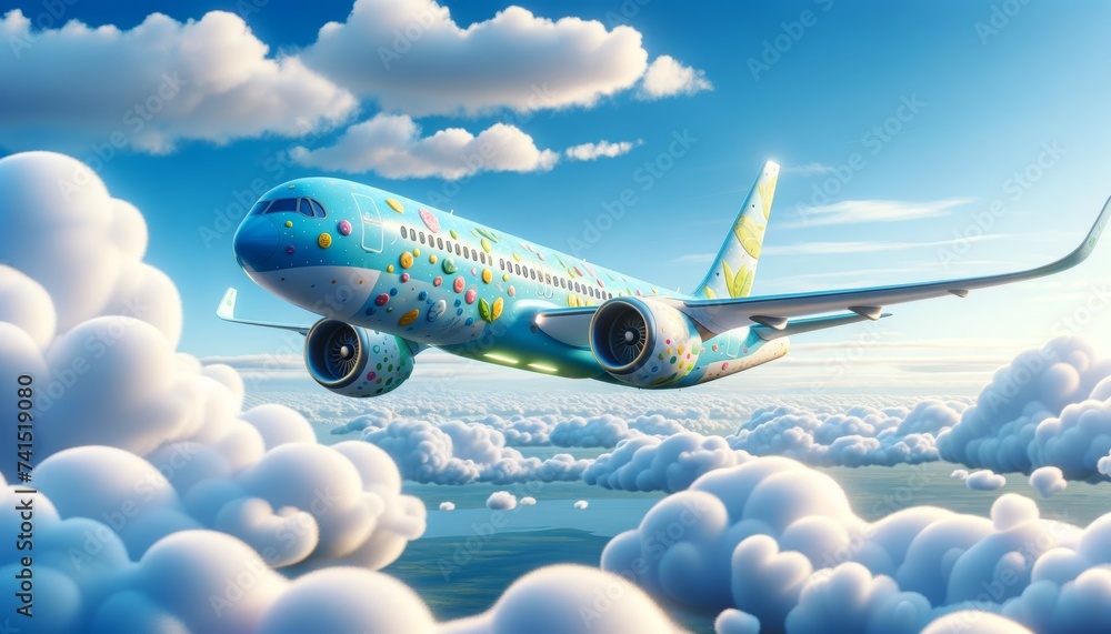 Obraz premium Airplane with cute design and green leaves flies in clear sky. Bright airplane with soft edges glides above, powered by nature. 