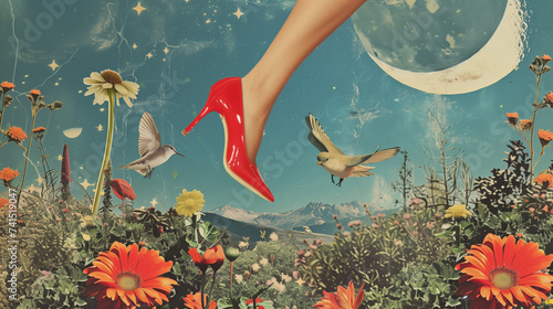 Abstract collage of a woman's leg with red shoes on heels. Creative retro but contemporary pop art collage in vivid colors. Vintage night sky in the background with fashionable flowers. photo