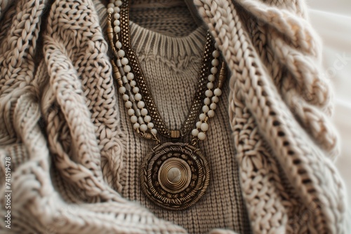 long boho necklace with large pendant over a plain sweater