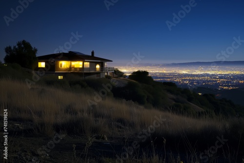 house on a hilltop, city lights in the distant night