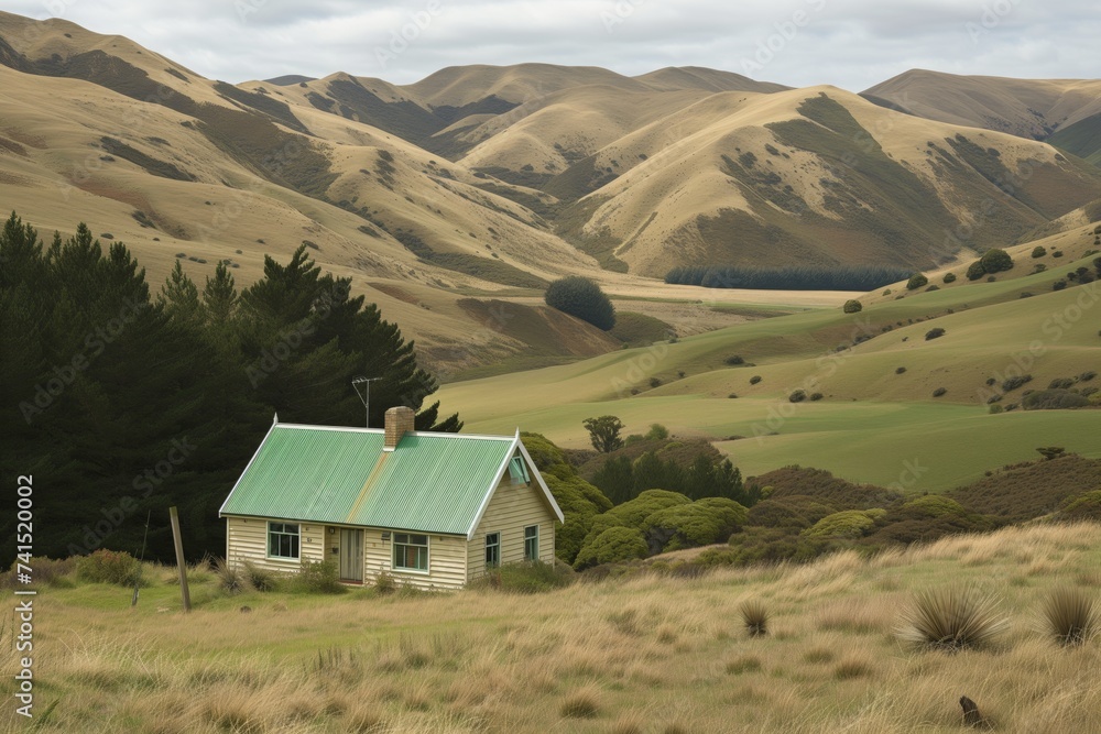 lone house with a green roof in a valley, hills around