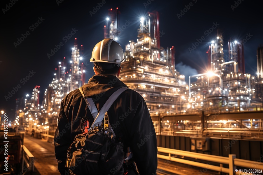 rear view of engineer looking at oil refinery rear view of engineer looking at oil refinery