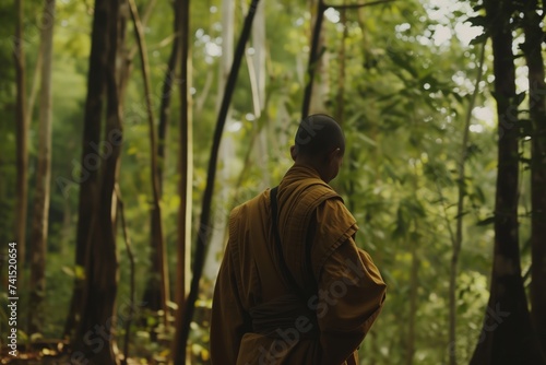 monk in a forest clearing, back to the camera, surrounded by trees