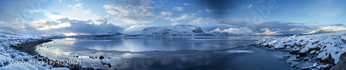Panorama majestic icy lagoon near the south pole, panoramic lake with snow landscape, background, copy space