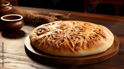 Traditional turkish baked bread pide on a wooden background. Toned.