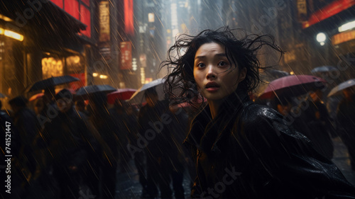 Beautiful asian woman walking through the street under heavy rain at night.