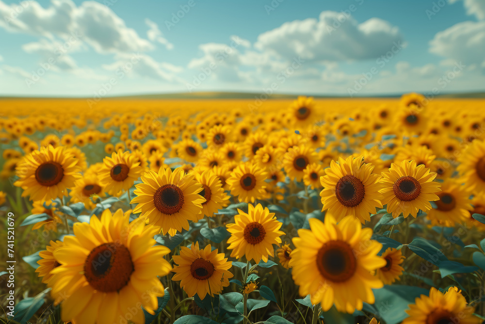 Fototapeta premium A vast sunflower field painting a vivid canvas against the expansive sky. Generative Ai.