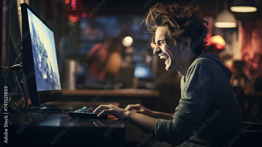 Woman Amused by Computer Screen, Cinematic Laughing Expression.