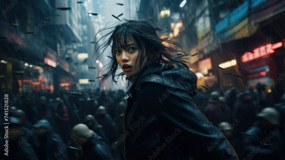 Woman with black hair in a city at night in the rain.