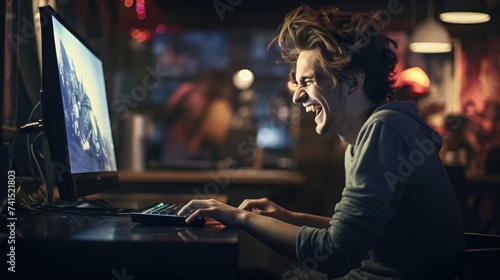 Woman Amused by Computer Screen, Cinematic Laughing Expression.