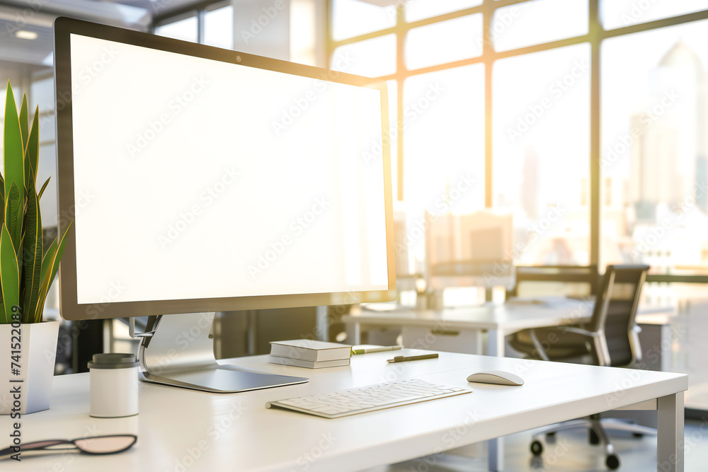 Blank computer screen on a desktop in a bright modern office Blank computer screen on a desktop in a bright modern office