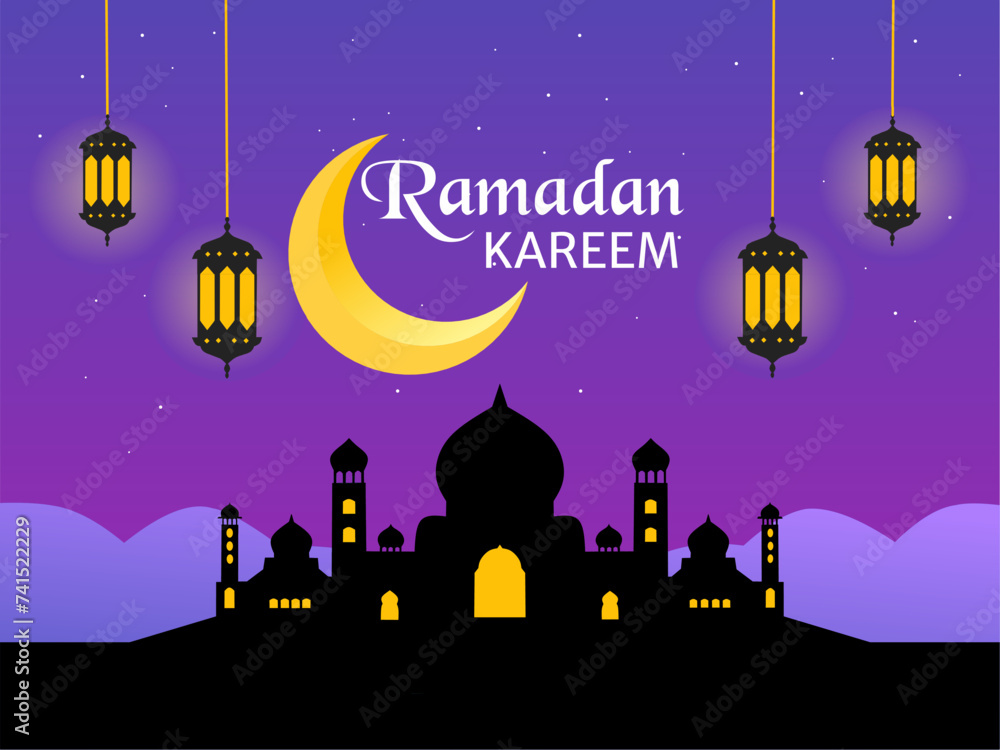 Ramadan kareem greeting card, Islamic decoration of mosque silhouette with lantern light and crescent moon