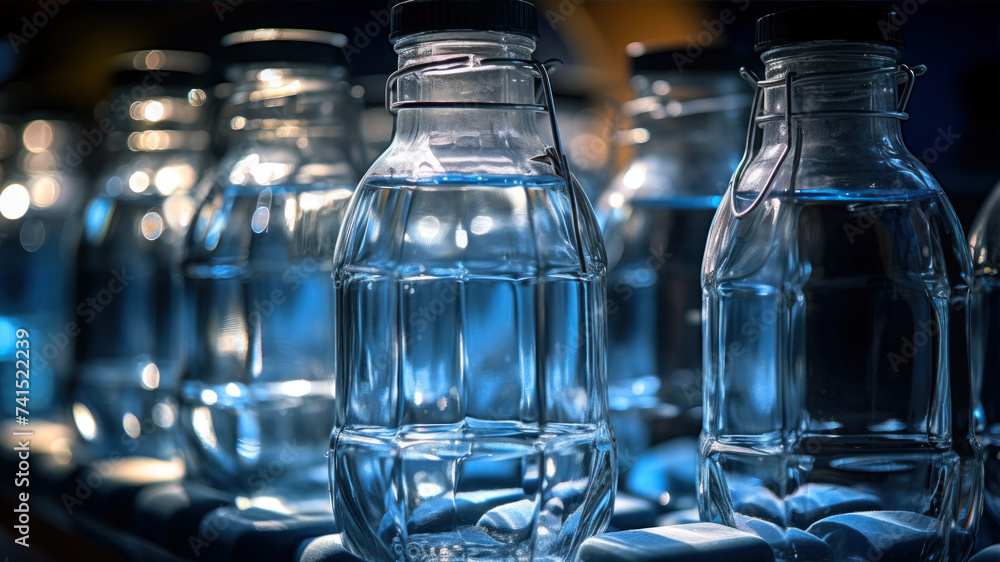 Bottles of water on a shelf in a bar, close up Bottles of water on a shelf in a bar, close up
