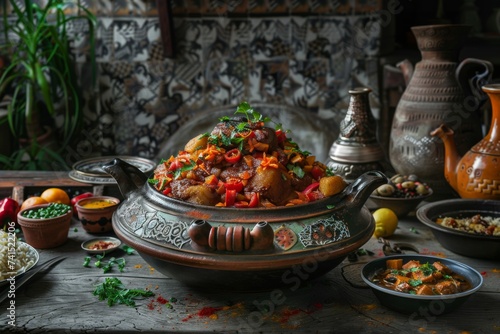 Traditional Moroccan Dish - Exquisite tagine on rustic table