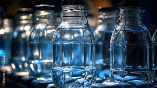 Bottles of water on a shelf in a bar, close up
