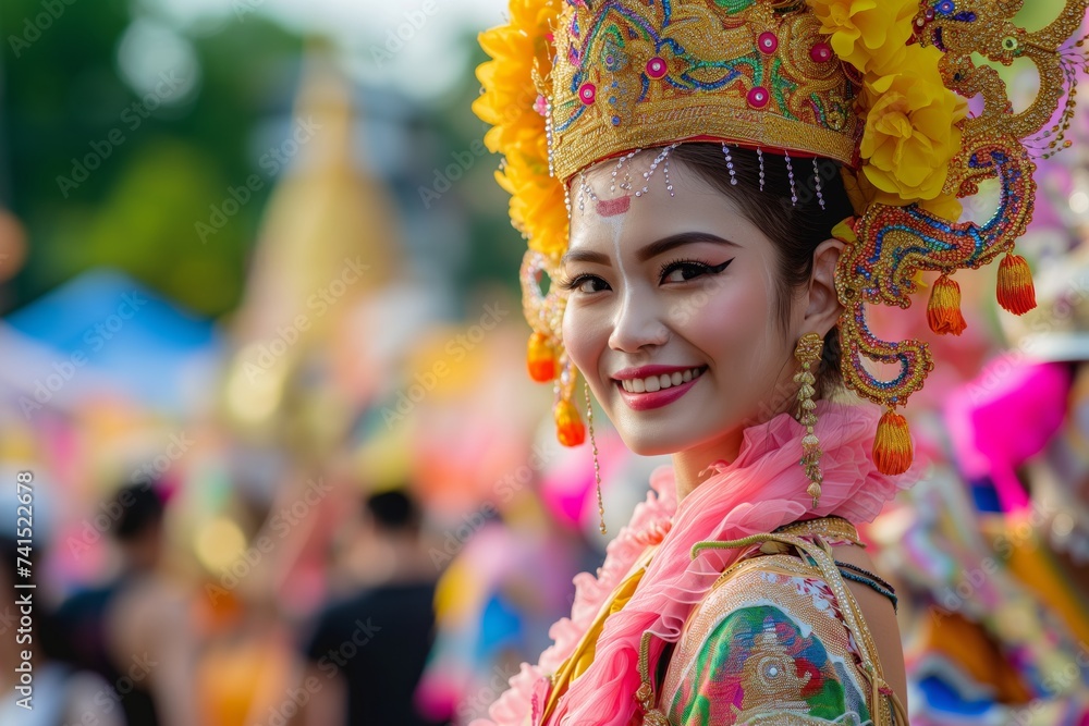 thai woman in full traditional garb at the songkran festival