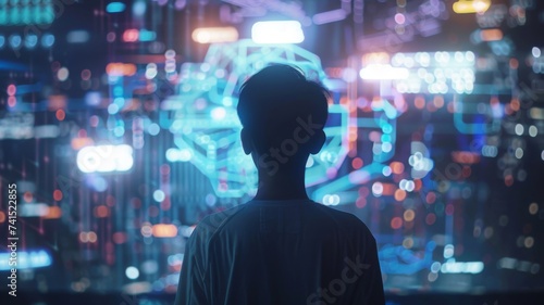 Silhouette Against Cyber Haze - A boy stands before a backdrop of cybernetic chaos, a contemplation of humanity amidst technology.