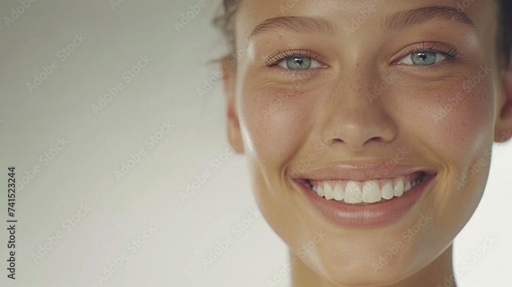Beauty portrait of happy attractive young woman with glowing healthy radiant pure skin and beautiful hair. Pretty european girl model smiling on background advertising skin care cosmetic. Closeup face Beauty portrait of happy attractive young woman with glowing healthy radiant pure skin and beautiful hair. Pretty european girl model smiling on background advertising skin care cosmetic. Closeup face