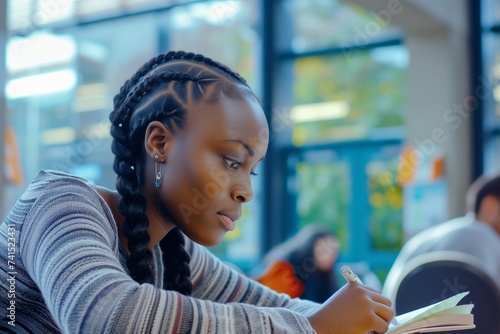 woman with plaited hair studying at a city university campus