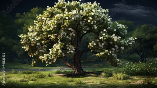 A walnut tree in full bloom  with delicate flowers contrasting against its dark green leaves