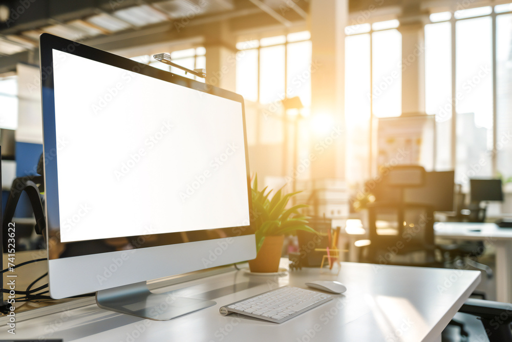 Blank computer screen on a desktop in a bright modern office Blank computer screen on a desktop in a bright modern office