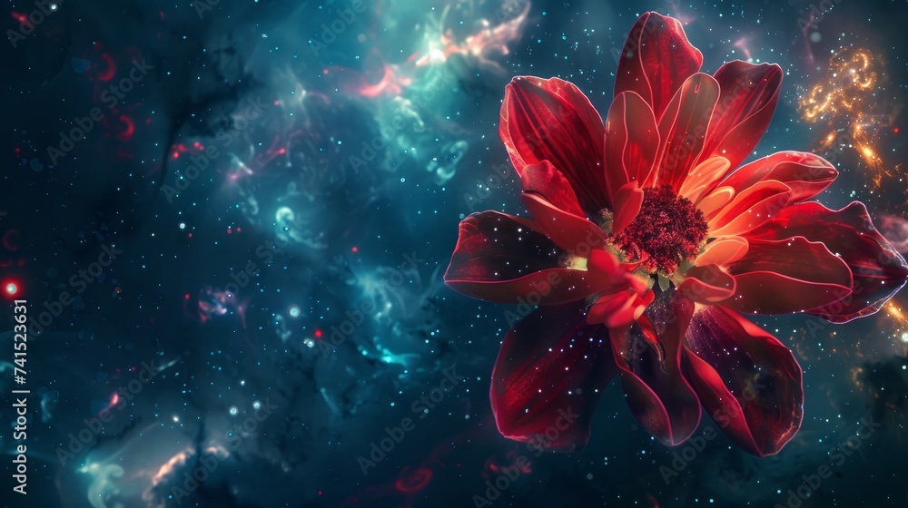Beautiful red flower in space - obrazy, fototapety, plakaty 