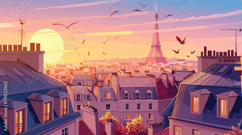 Vector illustration of Eiffel tower over roofs