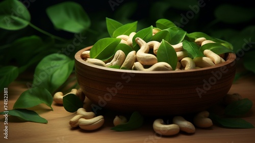 A wooden bowl filled with raw cashews, nestled among vibrant green leaves for a pop of color