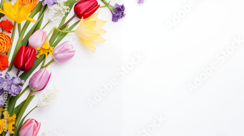 Fond blanc avec un contour de fleurs, plantes fraîches et colorées. Nature, ambiance florale. Printemps, printanier, été. Pour conception et création graphique.