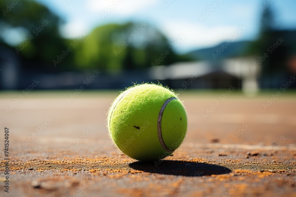 Captured in detail, a tennis ball rests on the court, offering a perfect backdrop for text and branding, suitable for presentations, flyers, and advertising campaigns