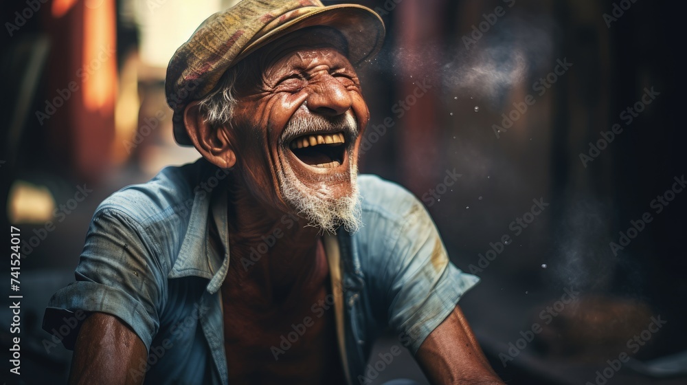 Obraz premium Young woman laughing heartily in a cinematic setting.