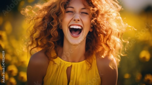 Young woman in a fit of hysterical laughter outdoors