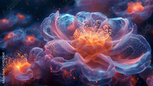 a ethereal flower merging neon cells, organism, hyperdetailed