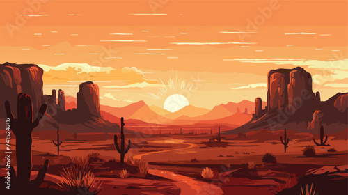Vector illustration of sunset desert landscape.  photo