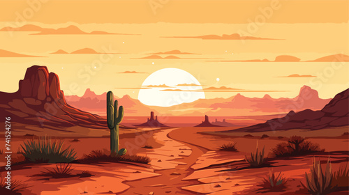 Vector illustration of sunset desert landscape. 