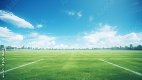Green grass field and blue sky with white clouds, soccer field background