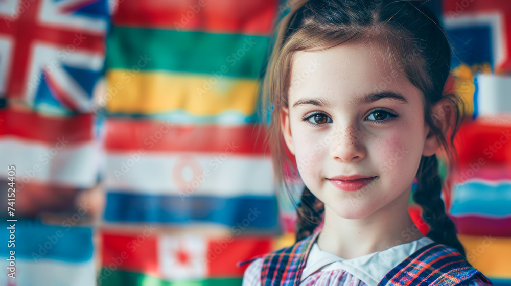 Little children during lesson at language school: emotional happy face of a little girl studying a foreign language against the background of flags of different countries, Education concept Little children during lesson at language school: emotional happy face of a little girl studying a foreign language against the background of flags of different countries, Education concept