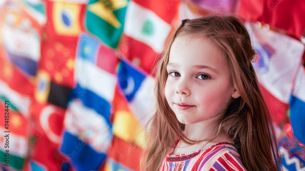 Fototapeta premium Little children during lesson at language school: emotional happy face of a little girl studying a foreign language against the background of flags of different countries, Education concept