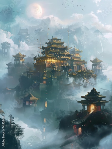 Traditional Chinese art illustration of a majestic castle floats in the sky with magnificent buildings, evoking Chinese Heaven's vastness. Styled in wabi-sabi for Eastern aesthetics
