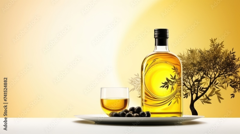 Gourmet Olive Oil and a Glass on a White Surface Against a Yellow Backdrop Gourmet Olive Oil and a Glass on a White Surface Against a Yellow Backdrop