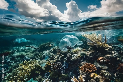 Underwater Scene of Plastic Bag Near Coral Reef