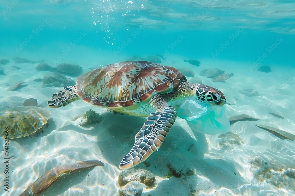 Fototapeta premium Sea Turtles in the Ocean A Struggle Against Plastic Waste